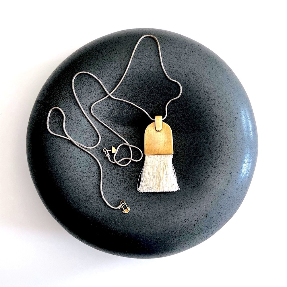 Tiro Tiro Campana Necklace, Brass and Linen, Handmade, NWOT